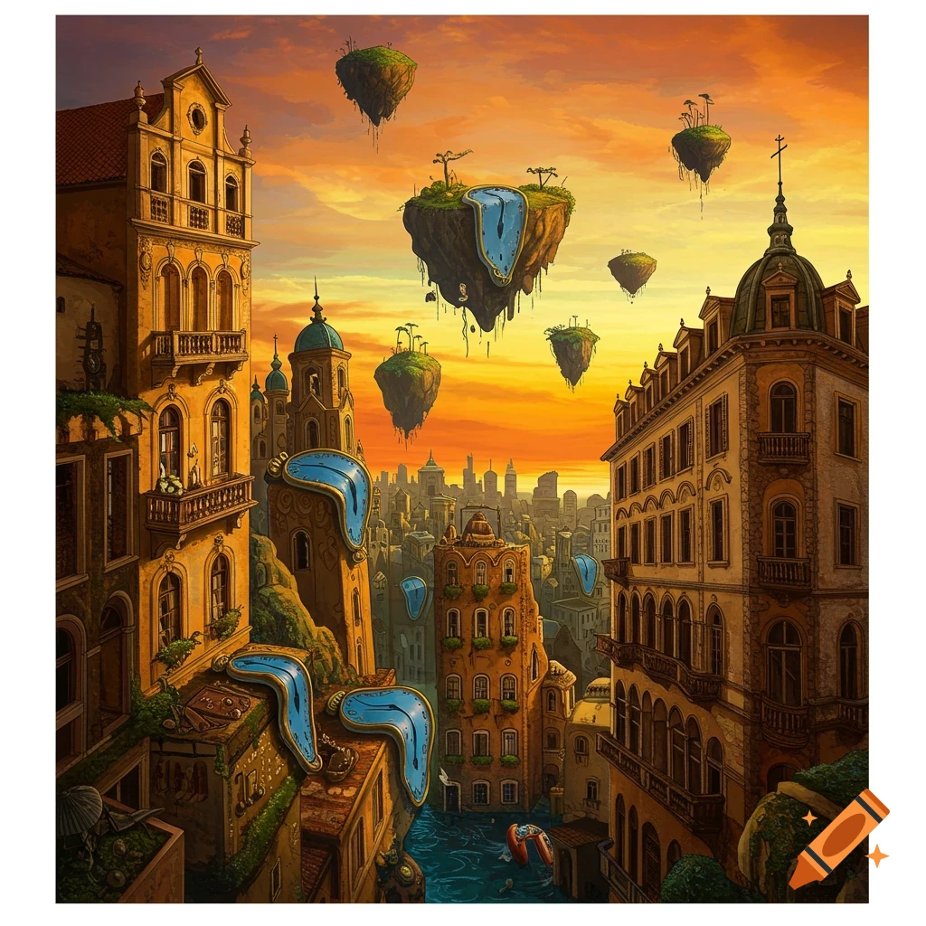 A surreal city with melting clocks, floating islands, and old buildings.