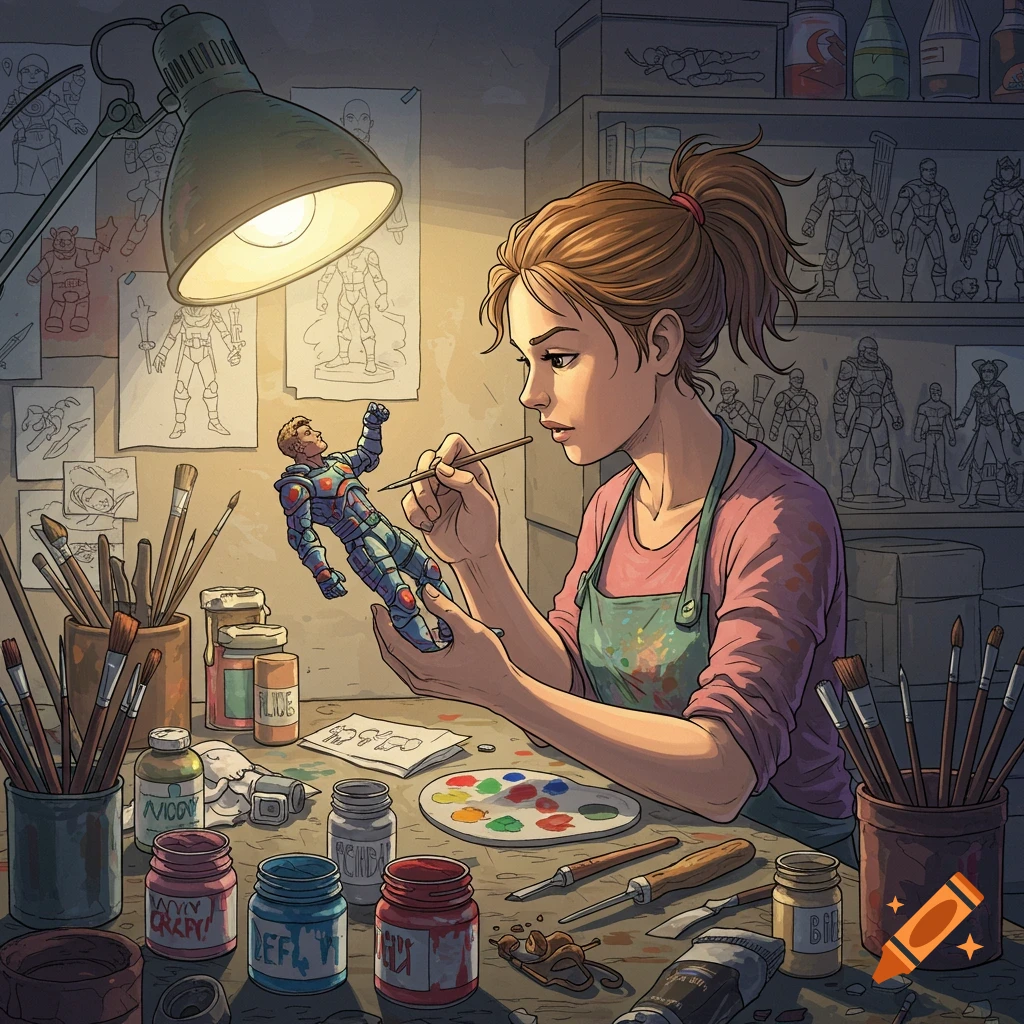 Painting of a woman painting an action figure at a desk in an art studio.