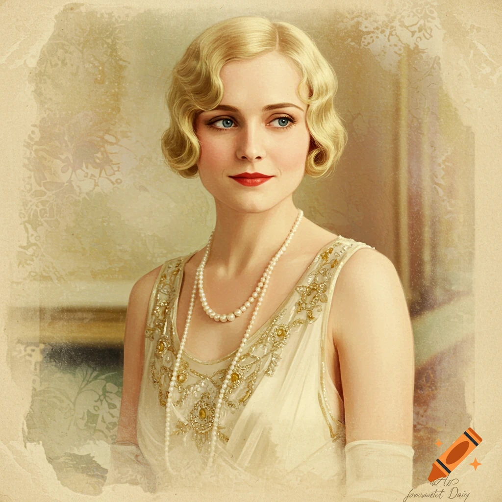 Portrait of a woman in 1920s fashion with bobbed hair and pearls, painted in a faded style.