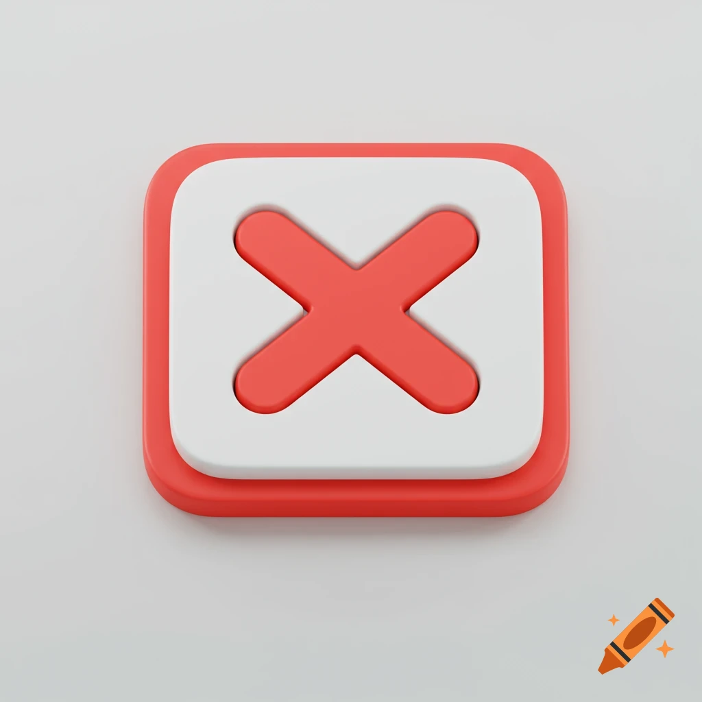 A 3D render of a red X mark inside a white square button with rounded corners.