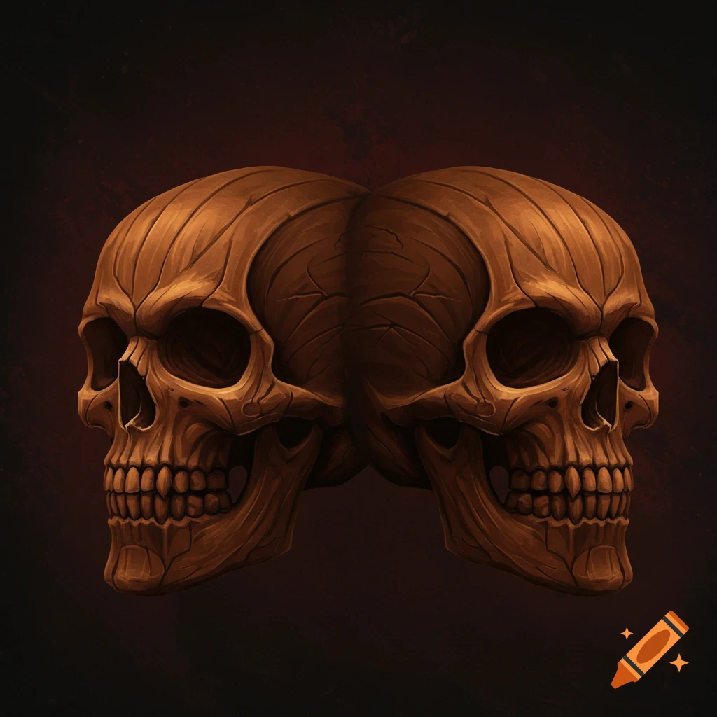 Two wooden skulls side by side.
