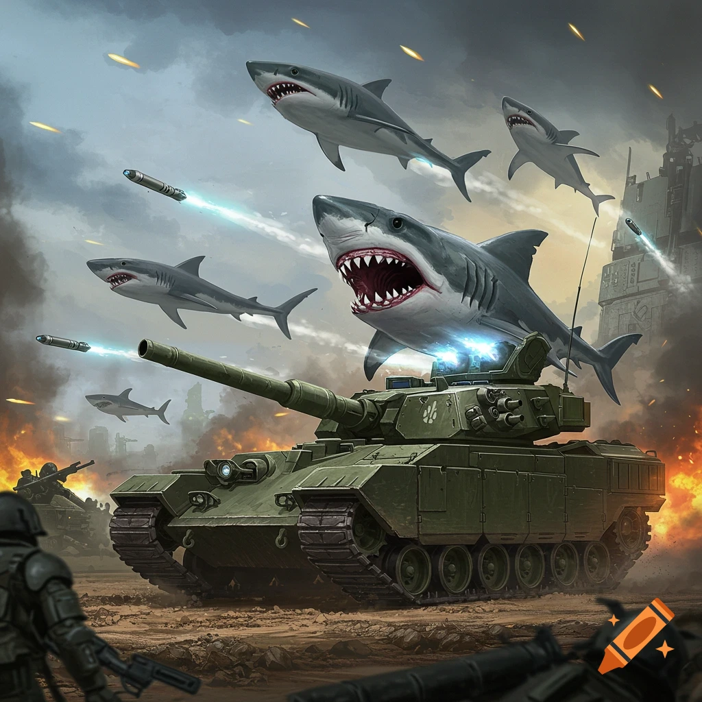 A military tank is in a combat zone with sharks flying around it and one sitting on top.