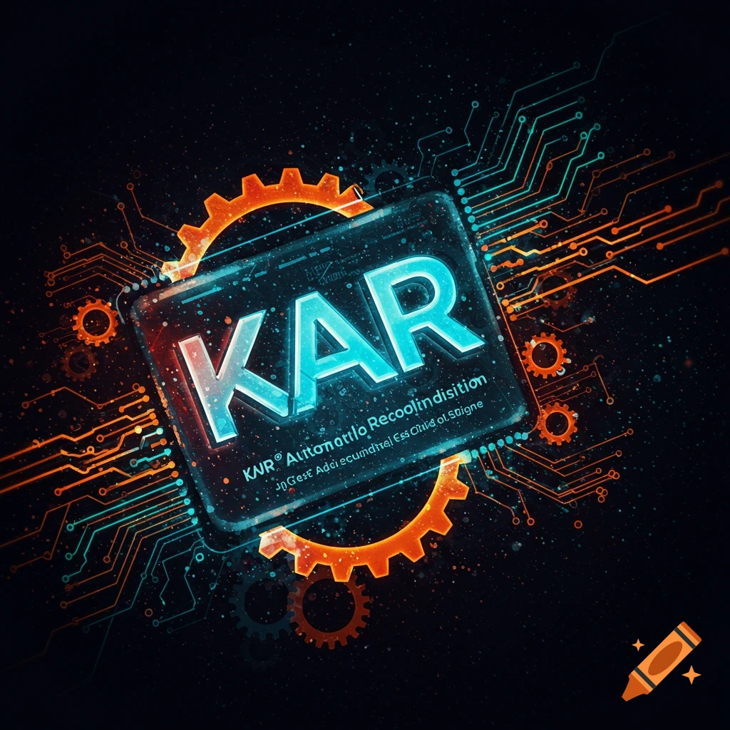 Abstract digital art of a tech chip with large 'KAR' text, surrounded by circuit board traces and gears on a dark background.