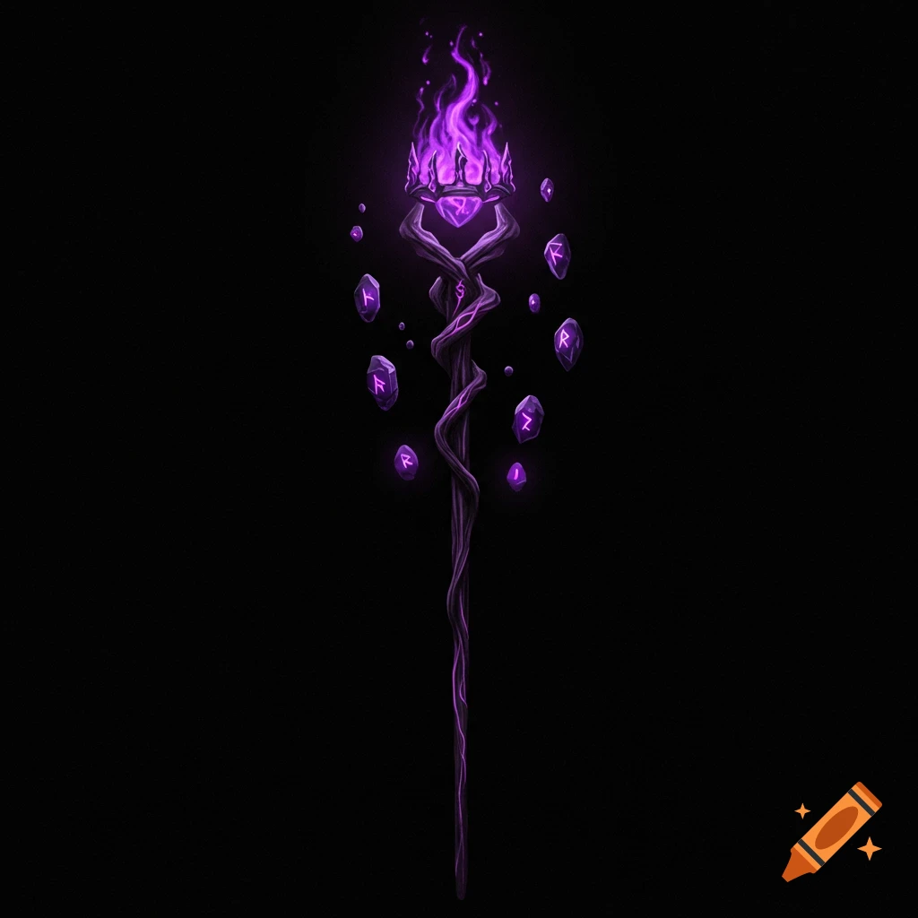 A dark fantasy staff with purple glowing veins, a crown of purple fire, and floating rune-etched stones against a black background.