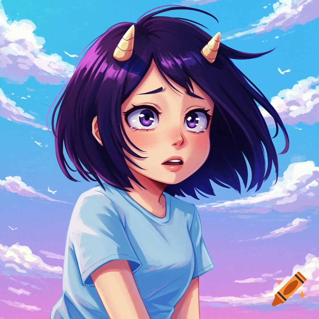 An anime girl with purple hair and horns looks sad under a colorful sky.