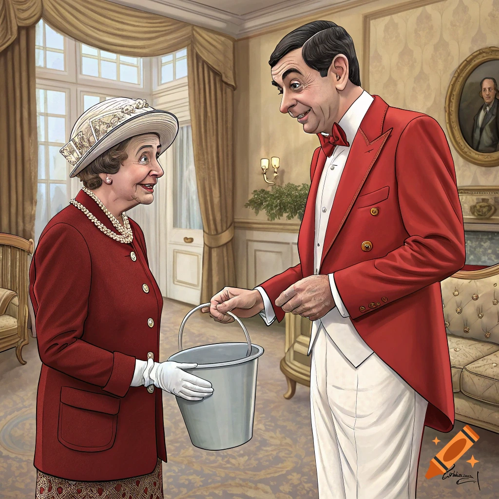 An illustration shows Mr. Bean in a red butler uniform presenting a bucket to a woman resembling Hyacinth Bucket in a suit and hat.