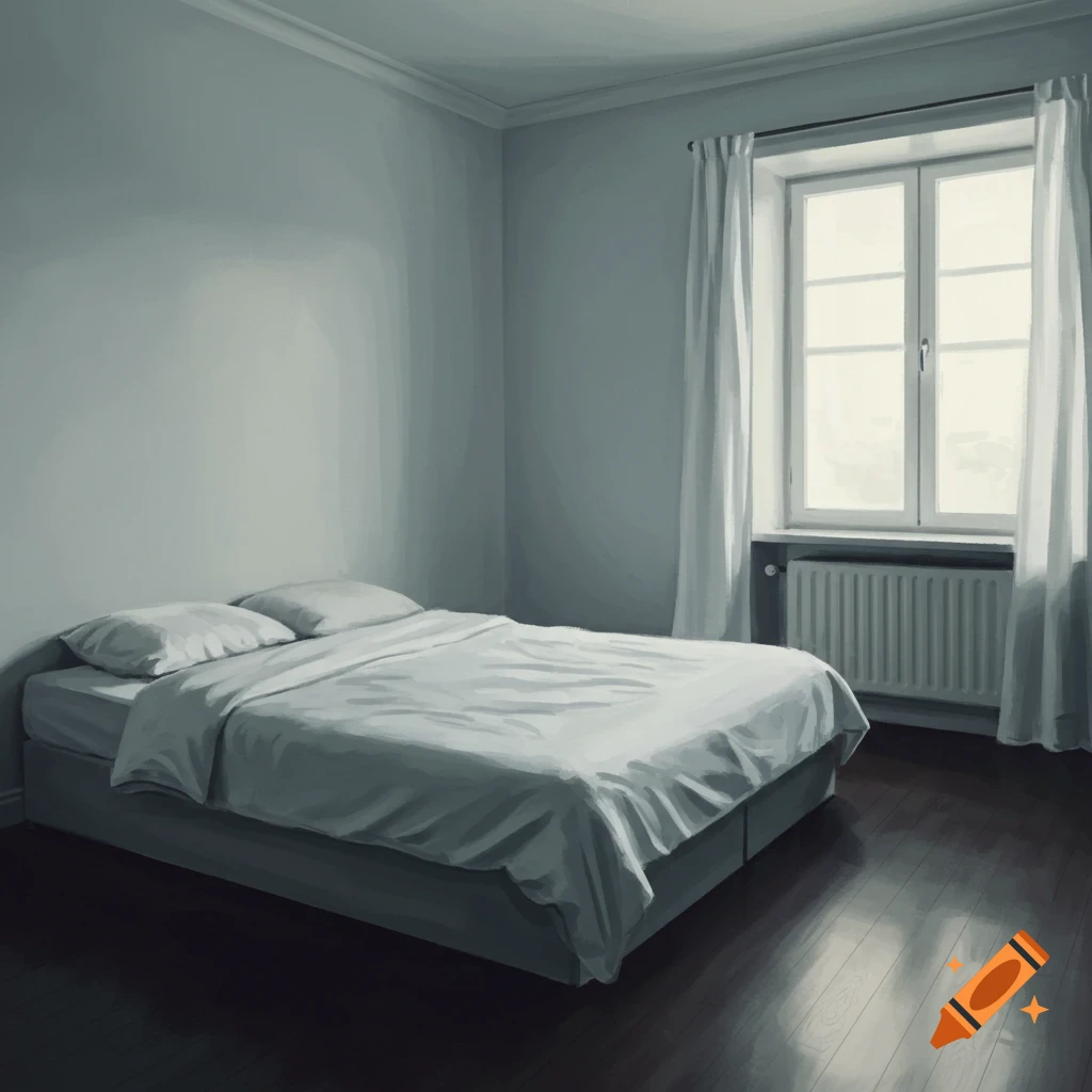 An empty bedroom with a bed, window, and wooden floor.