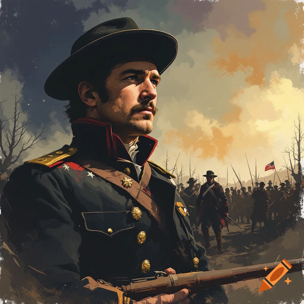 Painting of a man in a historical military uniform holding a rifle with soldiers in background.