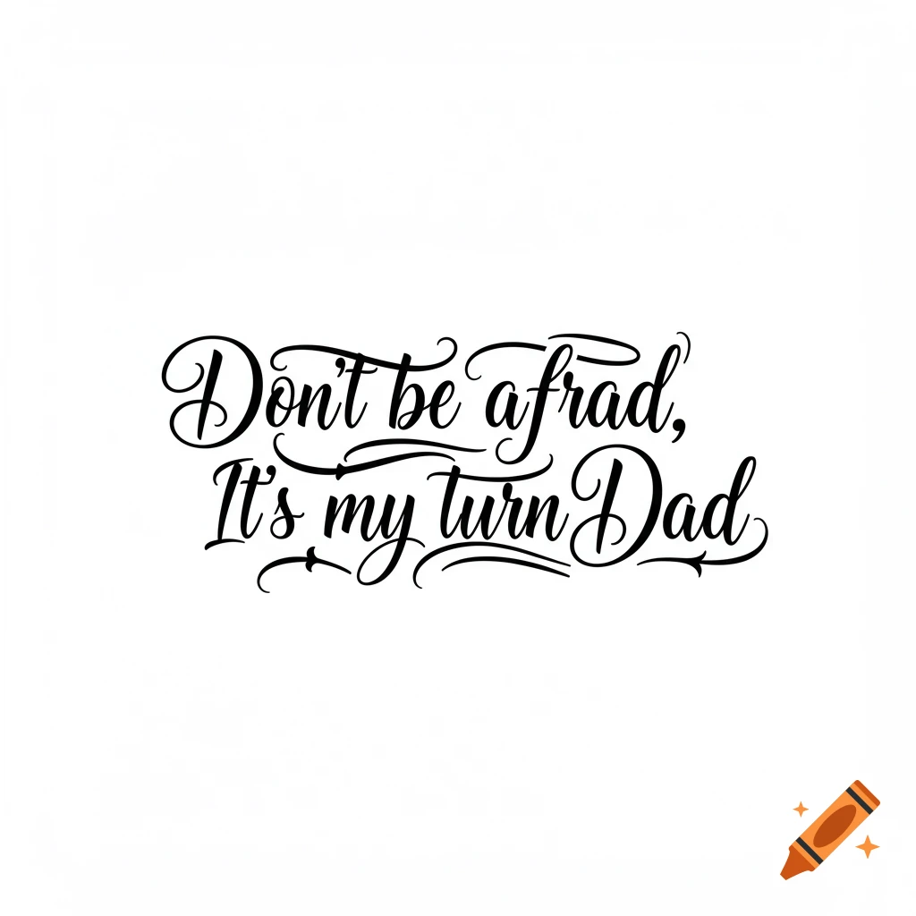 Black calligraphy on white background reading 'Don't be afraid, It's my turn Dad'