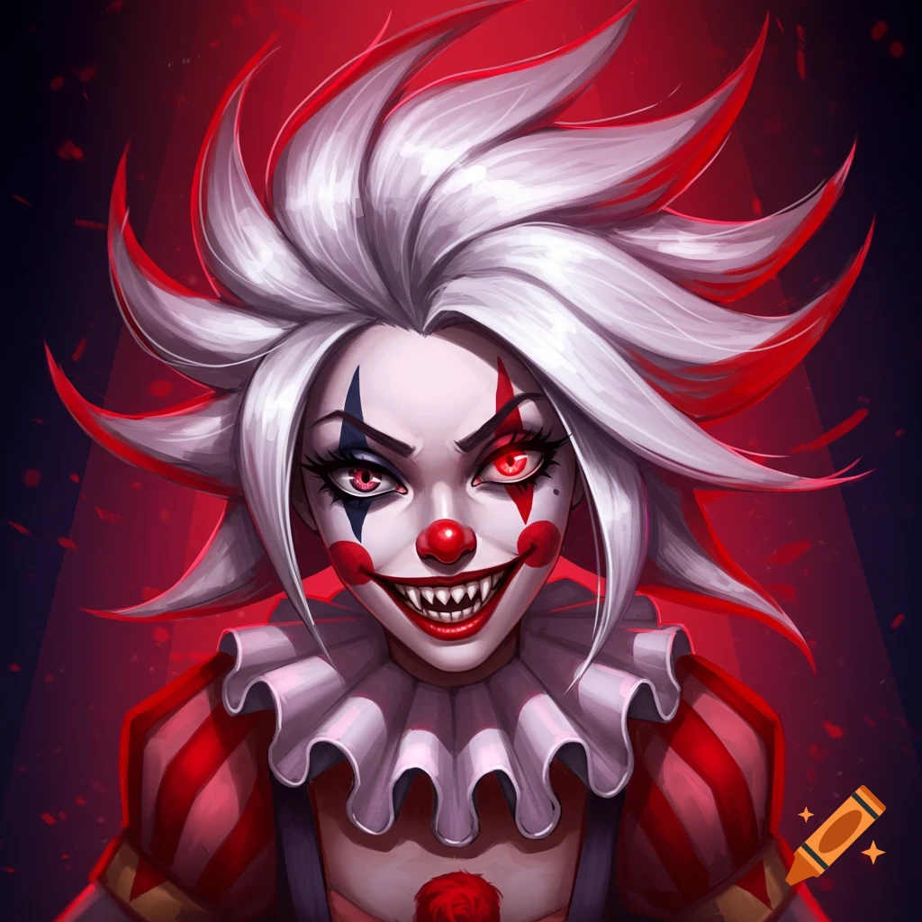A creepy clown character with white and red hair, red eyes, and sharp teeth.