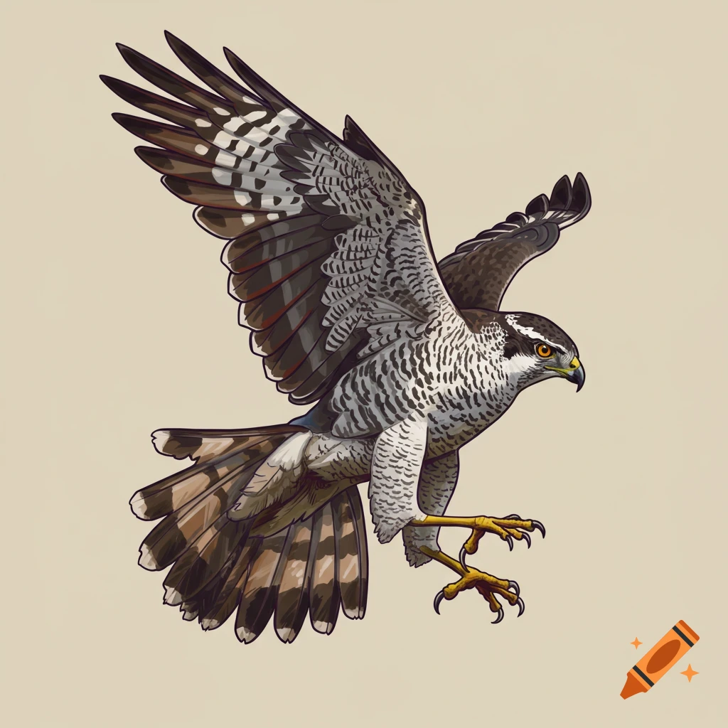Illustration of a goshawk flying with outstretched wings and talons.