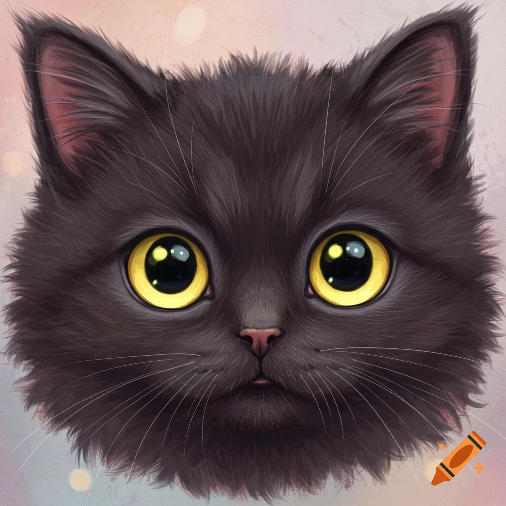 A fluffy black cat's face with large yellow eyes.