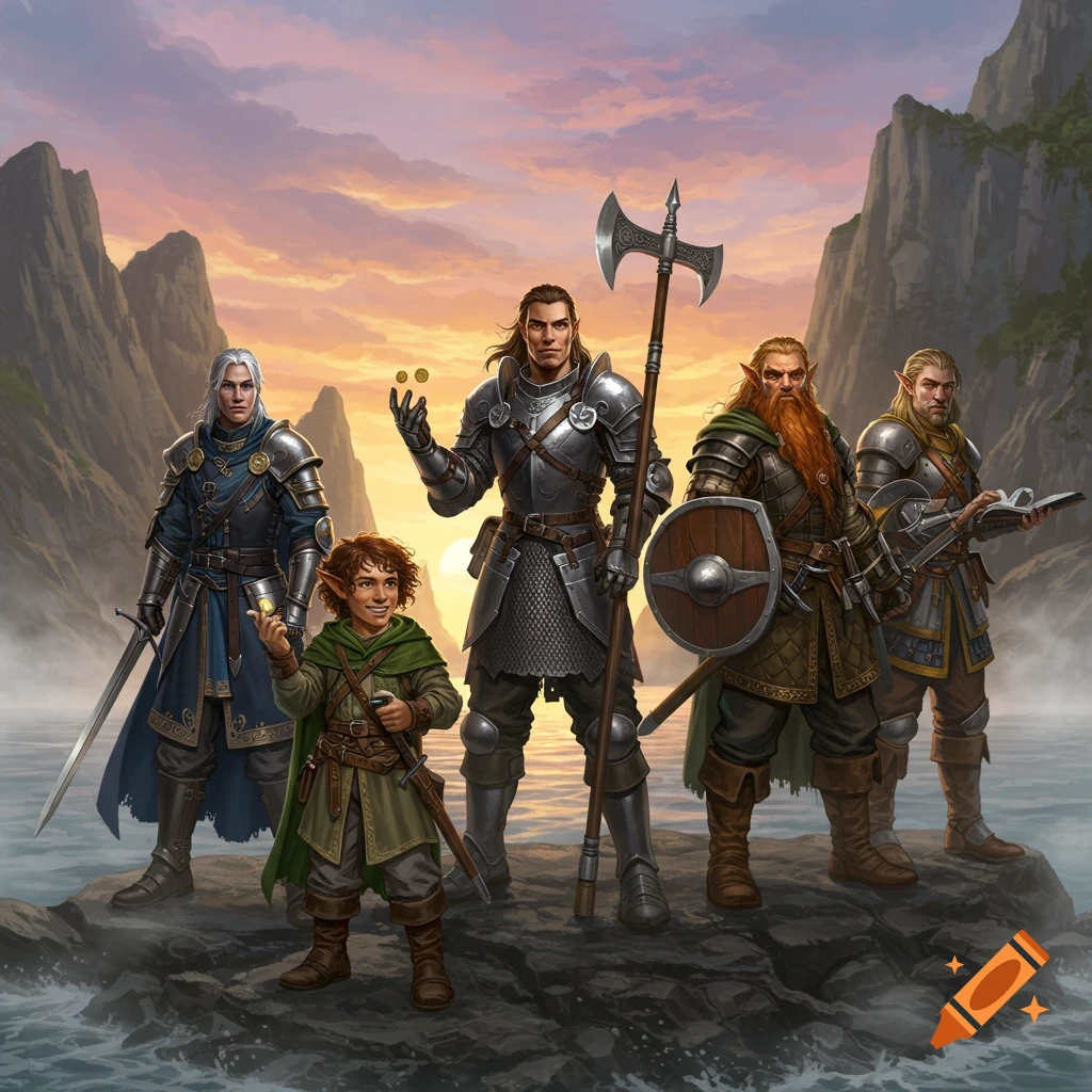 Five fantasy adventurers, including a halfling, a dwarf, and humans or elves, stand on rocks by water at sunrise, holding weapons.