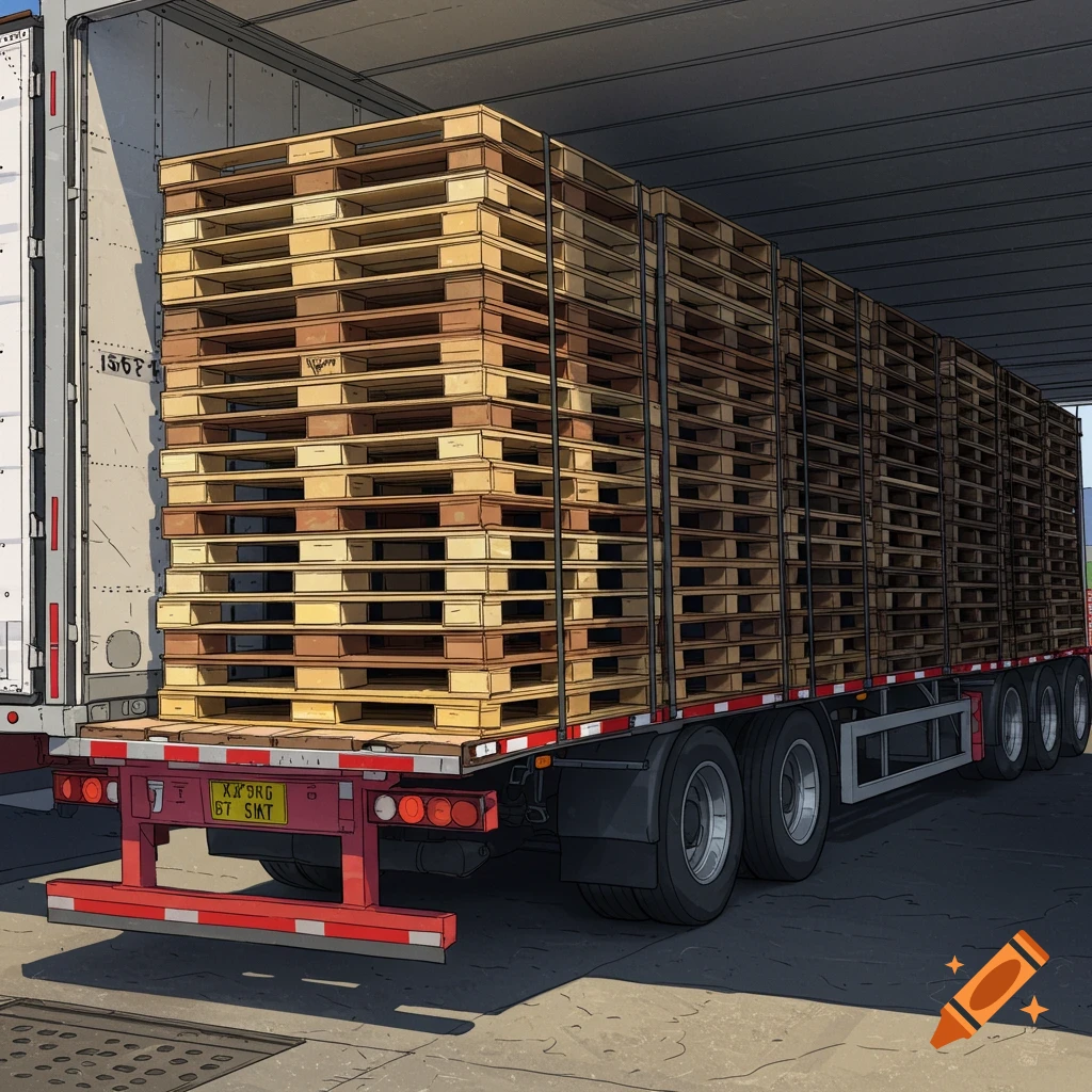 A truck trailer loaded with many wooden pallets.