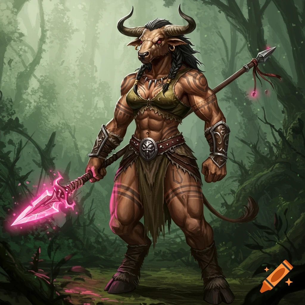 A female Minotaur warrior stands in a forest, holding a glowing spear.
