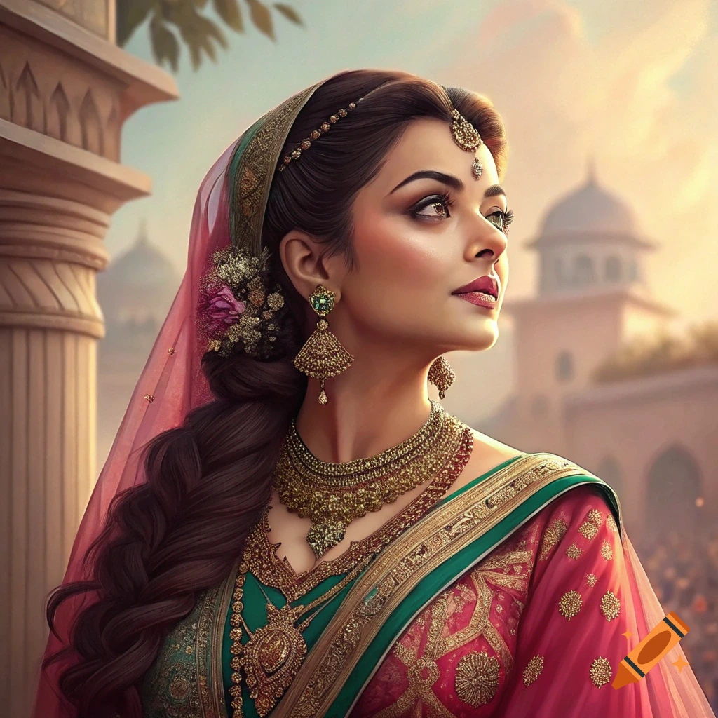 Portrait of a woman in traditional Indian attire and gold jewelry looking up, with classical architecture in the background.