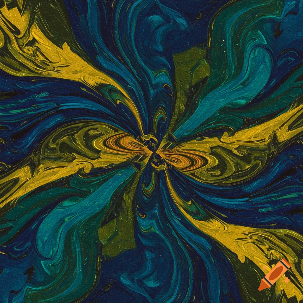 Abstract image with swirling patterns in shades of blue, teal, green, and yellow emanating from the center.