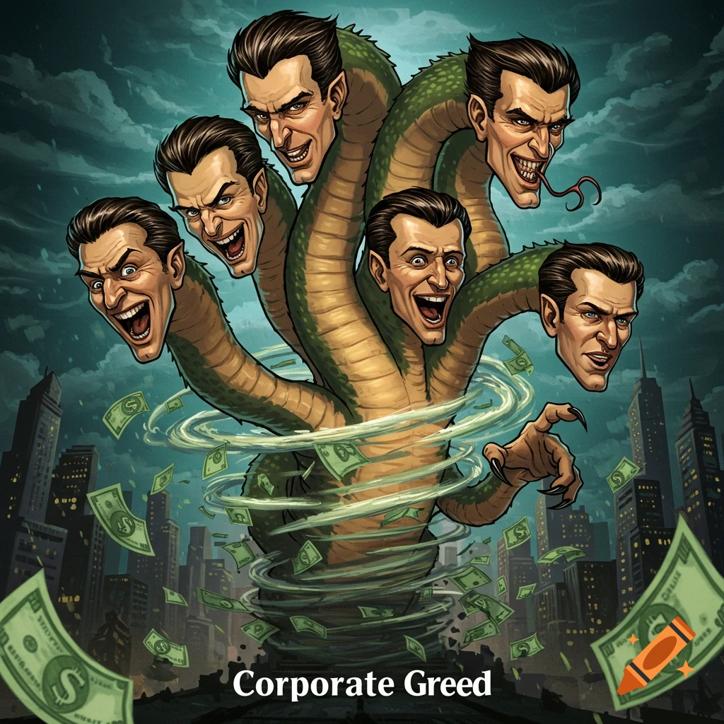 Multi-headed monster with human faces and snake bodies surrounded by money in a city.