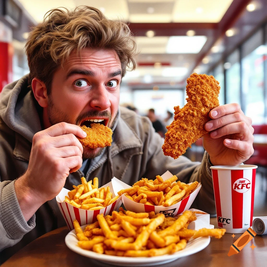 A man eats fried chicken and french fries at a KFC restaurant. Photorealistic.