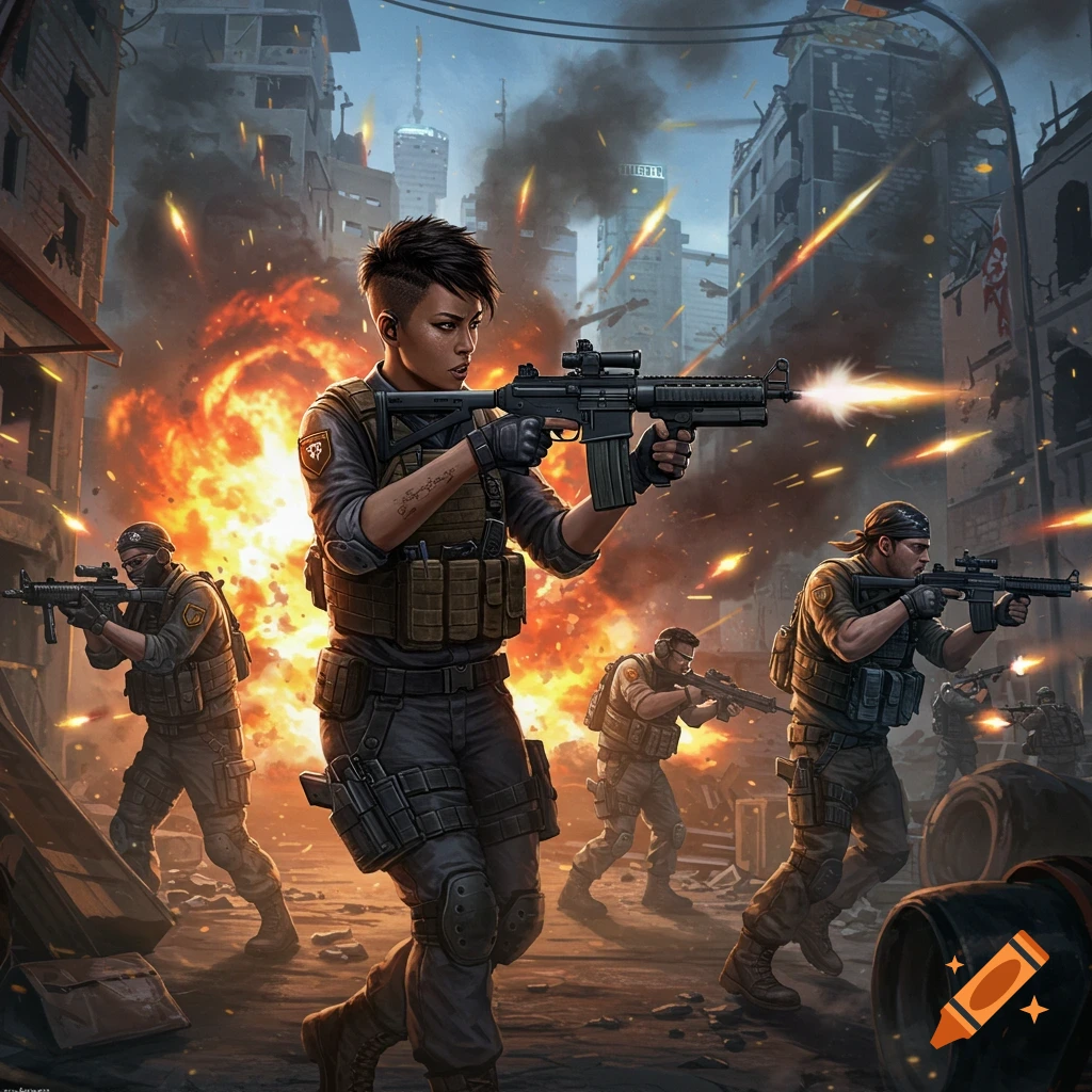 Soldiers in combat in a destroyed city with explosions.