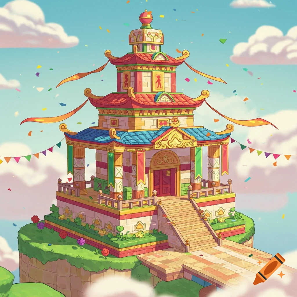 A colourful stylized temple on a grassy cliff with confetti falling.