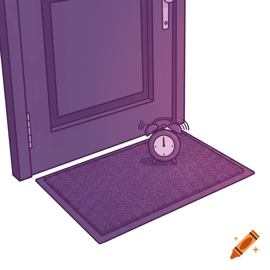 An illustration of a ringing alarm clock on a purple doormat in front of a purple door.
