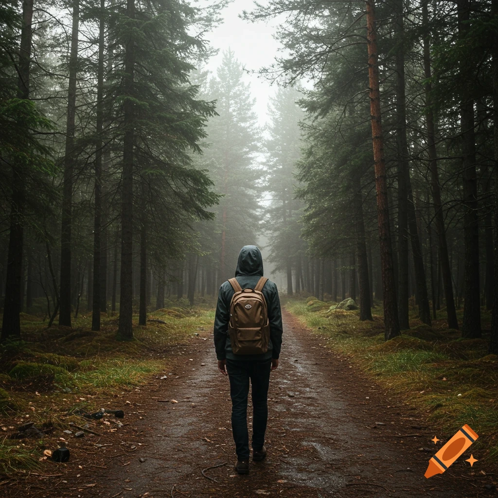 A person with a backpack walks down a foggy path through a forest.