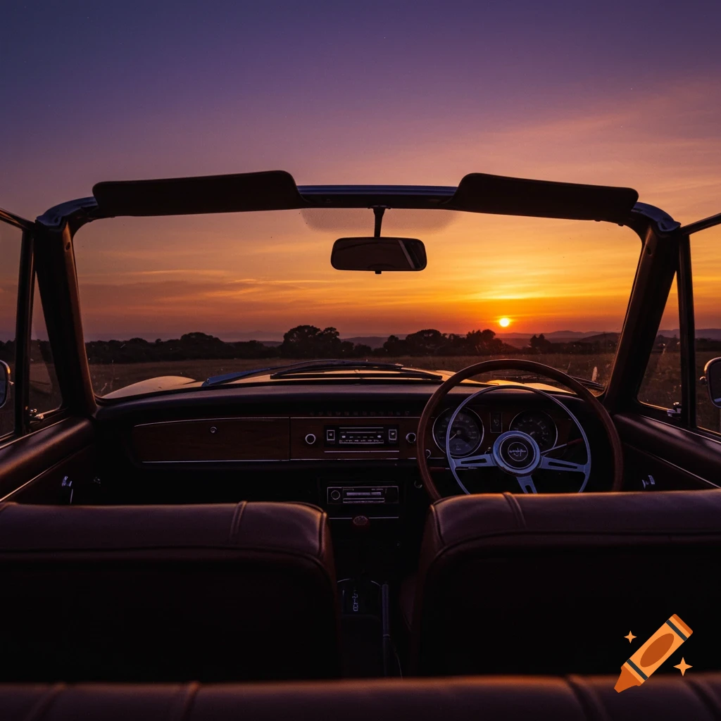 View from inside a vintage convertible looking out at a vibrant sunset over a field.