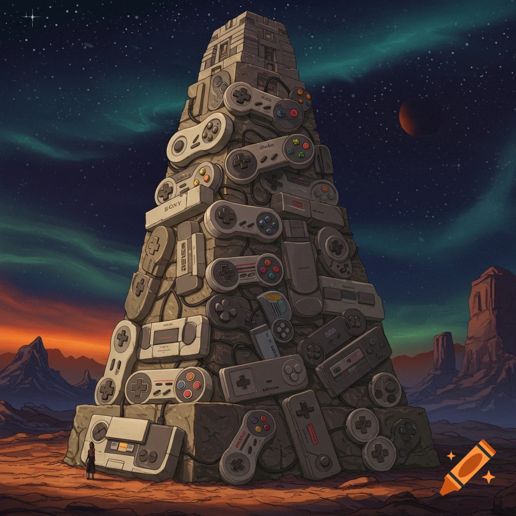 A pyramid monument made of retro video game controllers in a desert landscape at night.