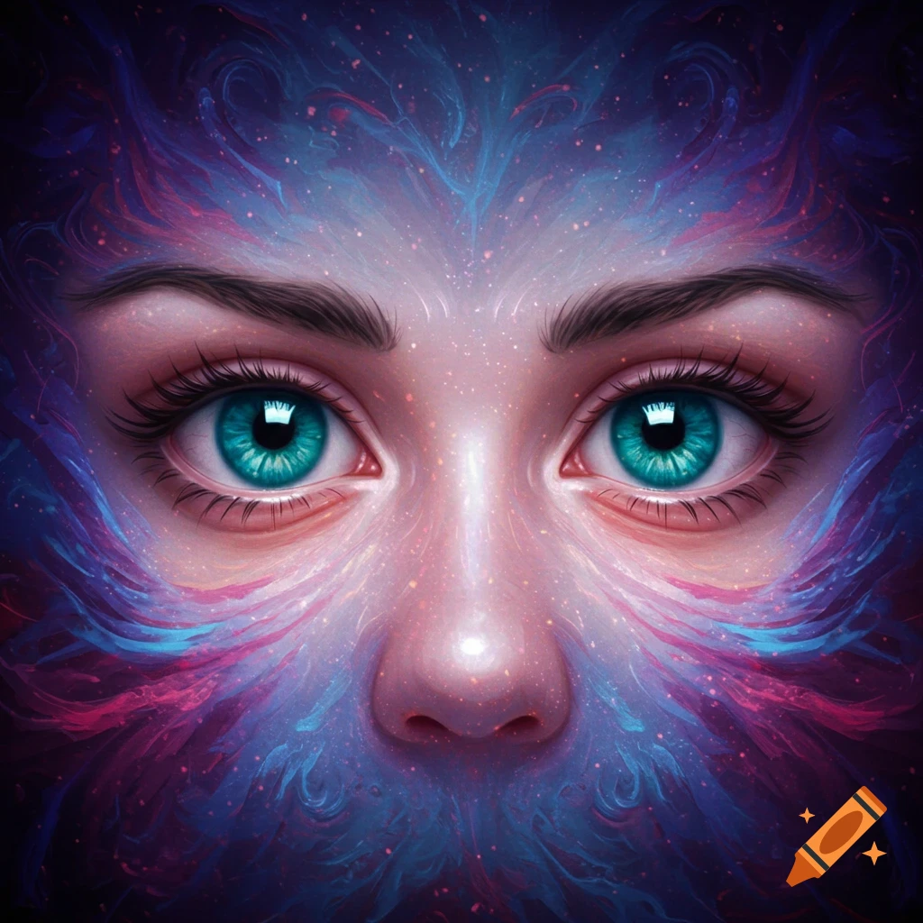 Close-up of vibrant teal eyes surrounded by swirling pink and blue cosmic energy.