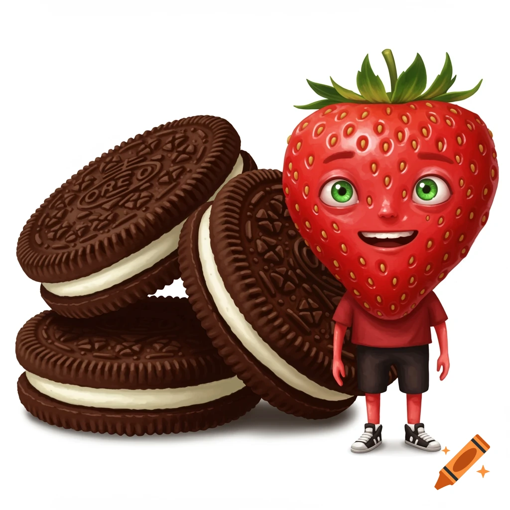 Illustration of a strawberry cartoon character standing next to a stack of Oreo cookies.