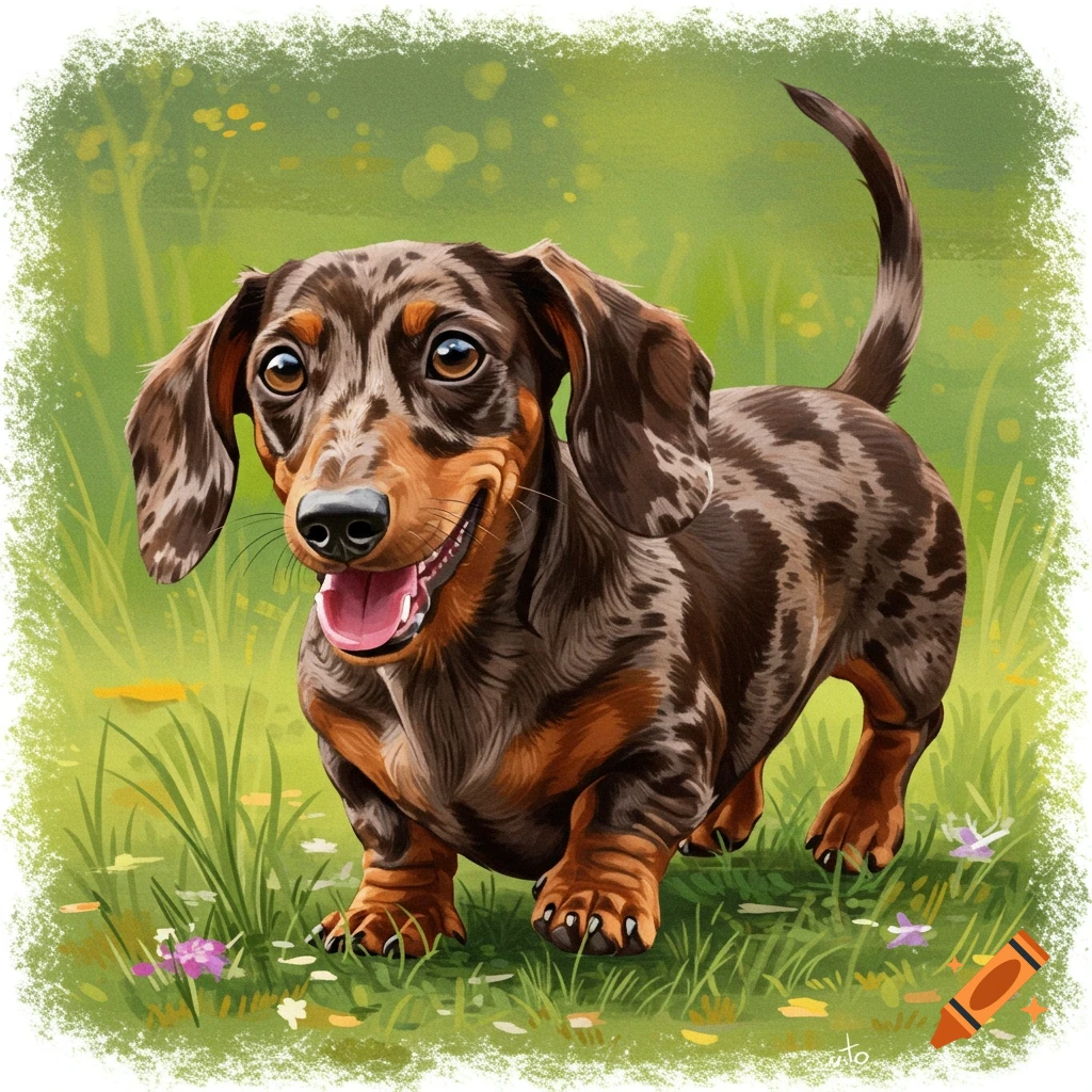 A dapple dachshund dog standing in a grassy field.
