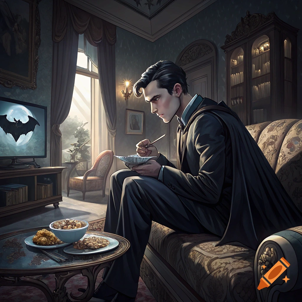 A person in a suit and cape eats breakfast on a couch in a fancy living room, watching a TV showing a bat symbol on the moon.