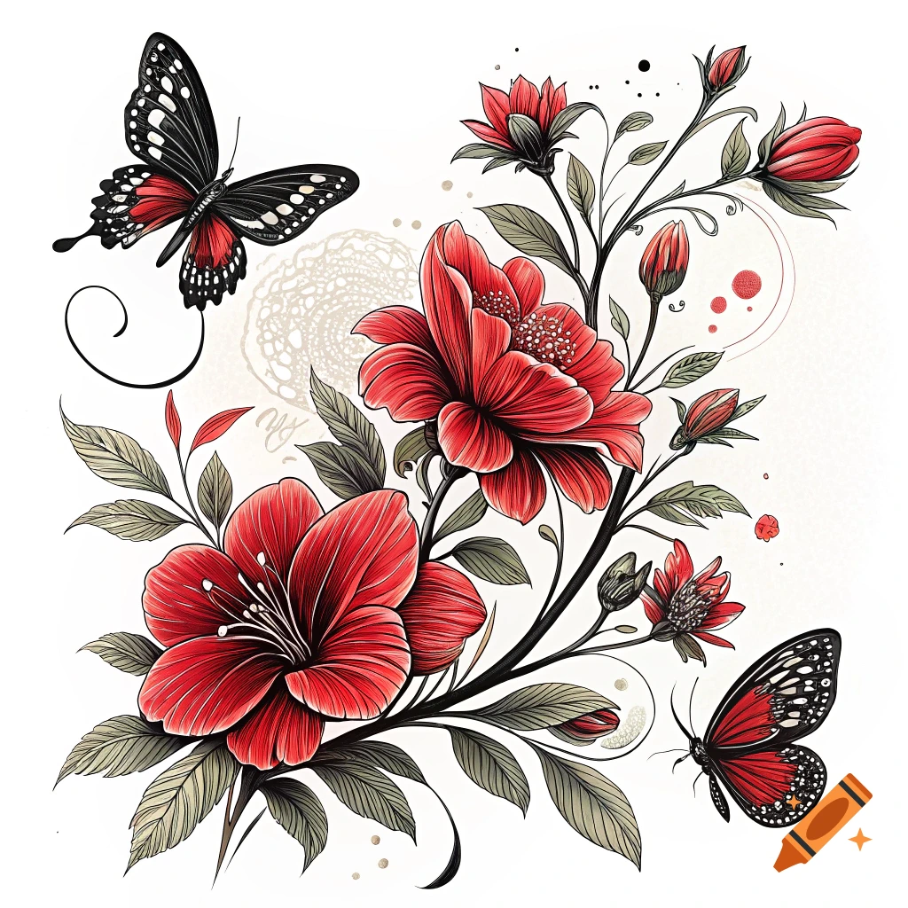 Illustration of red flowers and black butterflies on a white background.