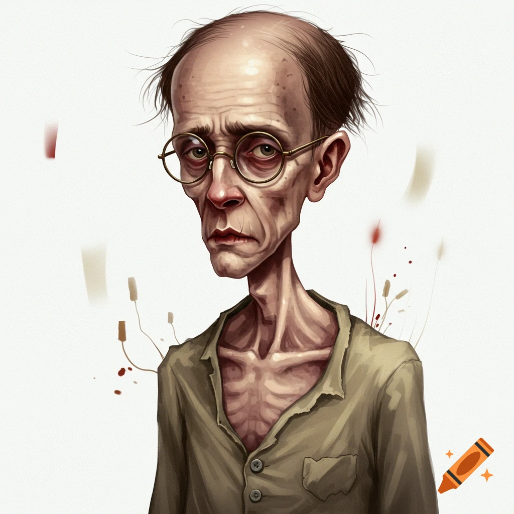 A stylized depiction of a thin man with glasses and thinning hair.
