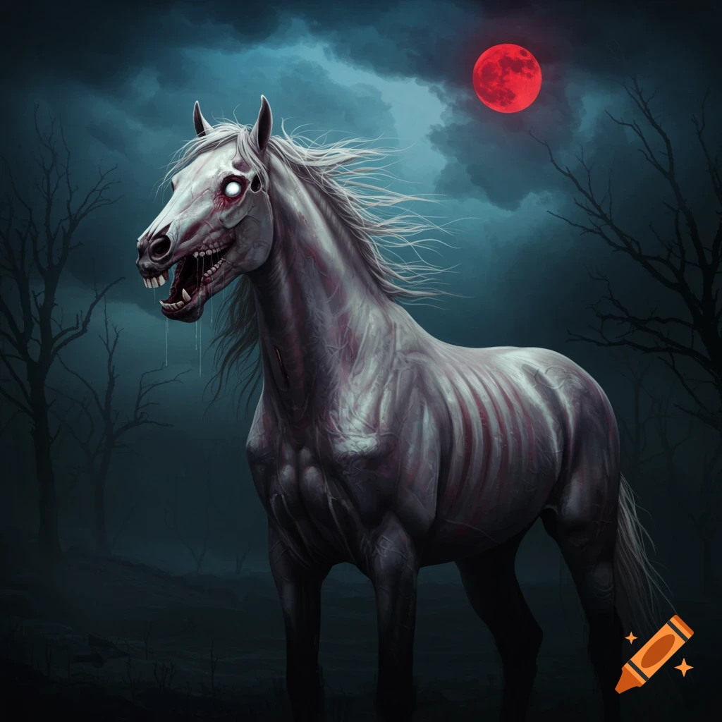A pale, skeletal horse with white eyes and open mouth stands under a red moon in a dark, stormy landscape.