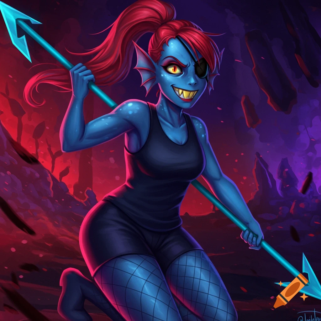 Picture of the character Undyne from Undertale, a blue fish monster with red hair, an eyepatch, and a spear.
