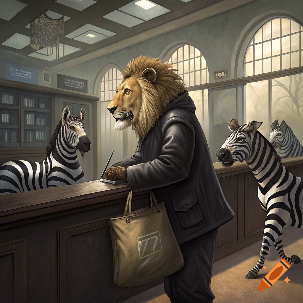 Anthropomorphic lion at a bank counter with zebra tellers.