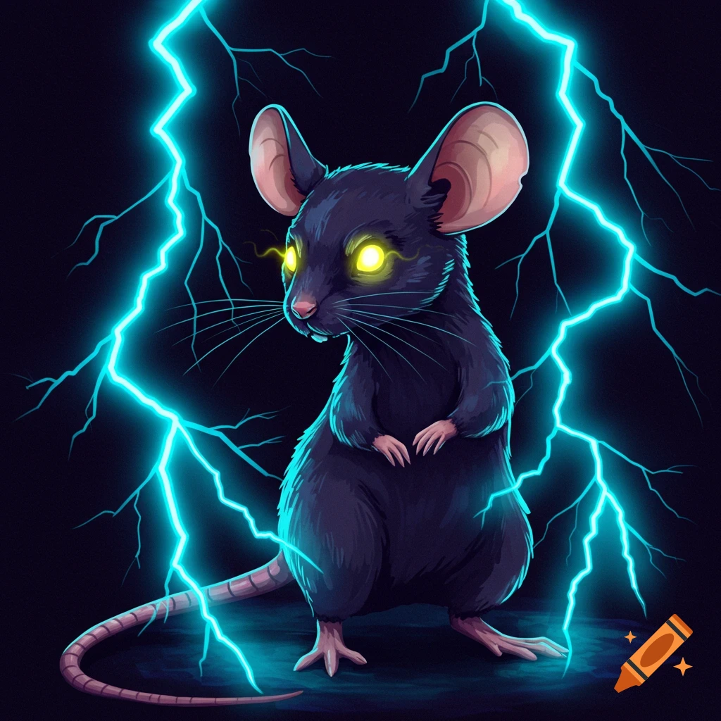 A mouse with glowing eyes surrounded by blue lightning.