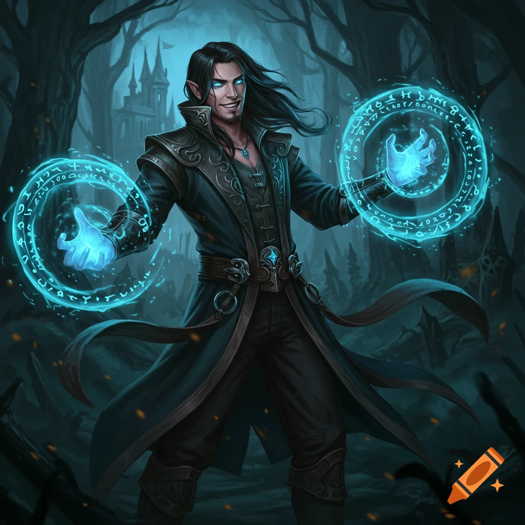 A warlock casts blue magic spells in a dark forest near a castle.