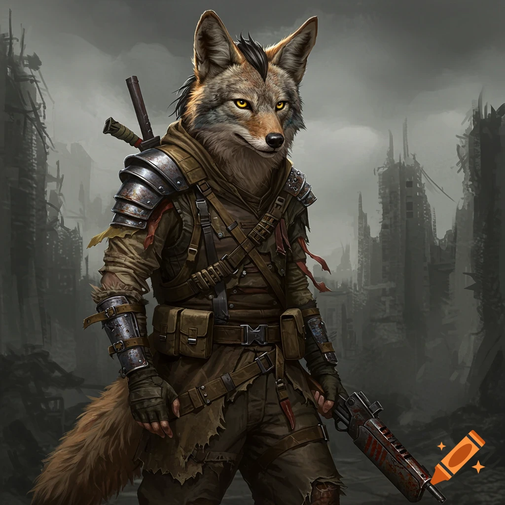 A coyote-human hybrid in post-apocalyptic gear standing in destroyed city ruins.