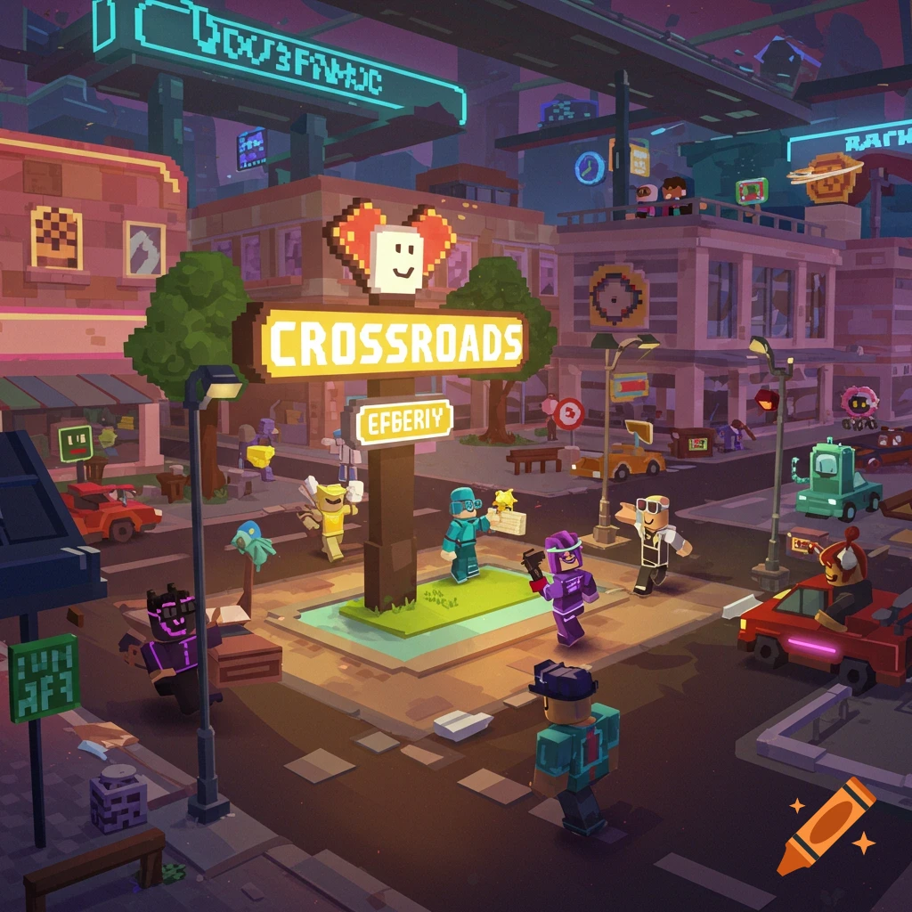 A stylized pixel art street scene at a crossroads with blocky characters and buildings.
