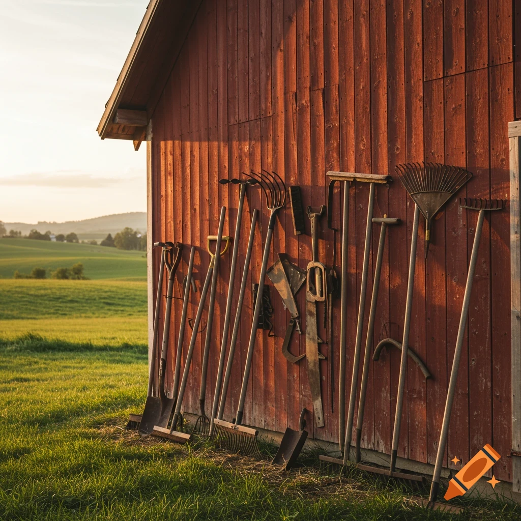 Farming tools leaning against a red barn at sunset in a field.