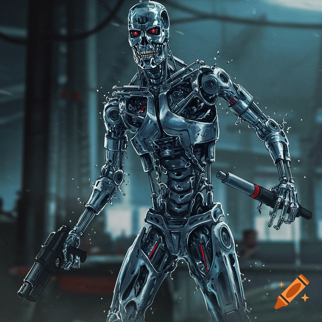 A metallic robot endoskeleton holds a pistol and pipe in a dark, industrial setting.