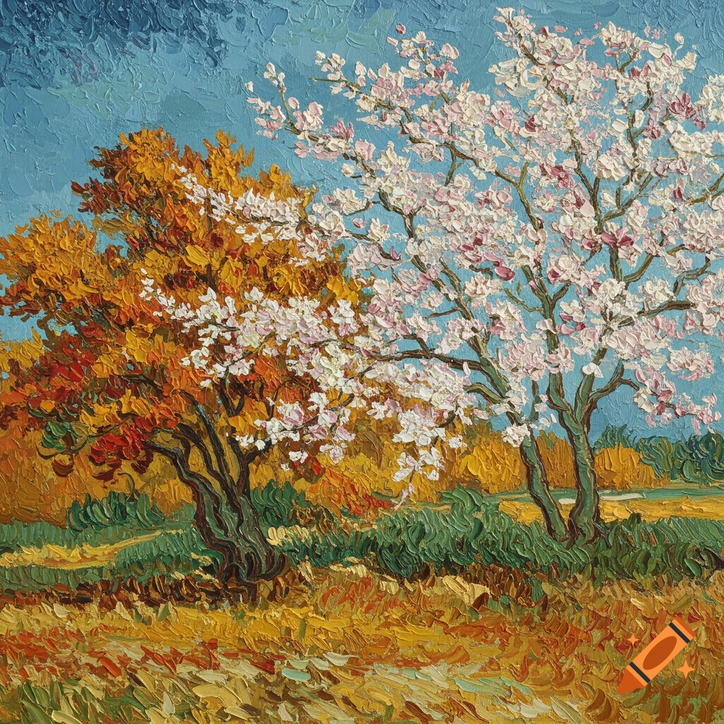 A painting in the style of Van Gogh showing a tree with white blossoms next to a tree with fall colors.