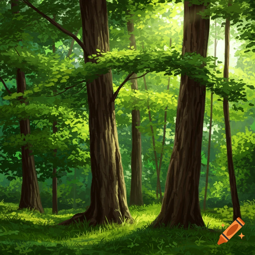 A sunlit forest with tall trees and green foliage