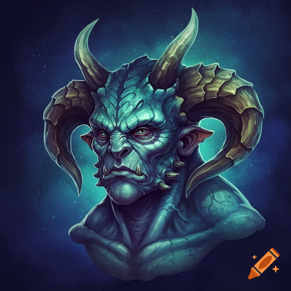 A blue fantasy creature with horns and tusks.