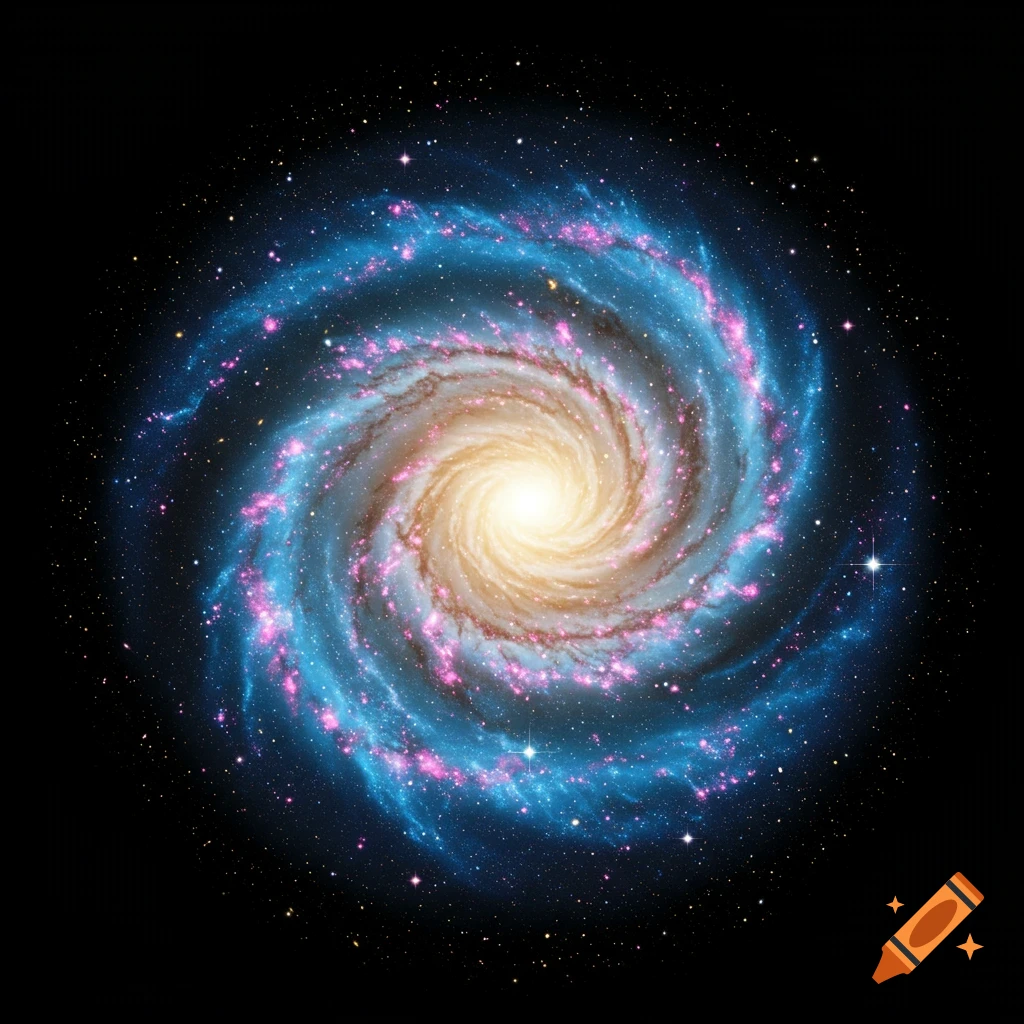 A colorful spiral galaxy in space with a black background.