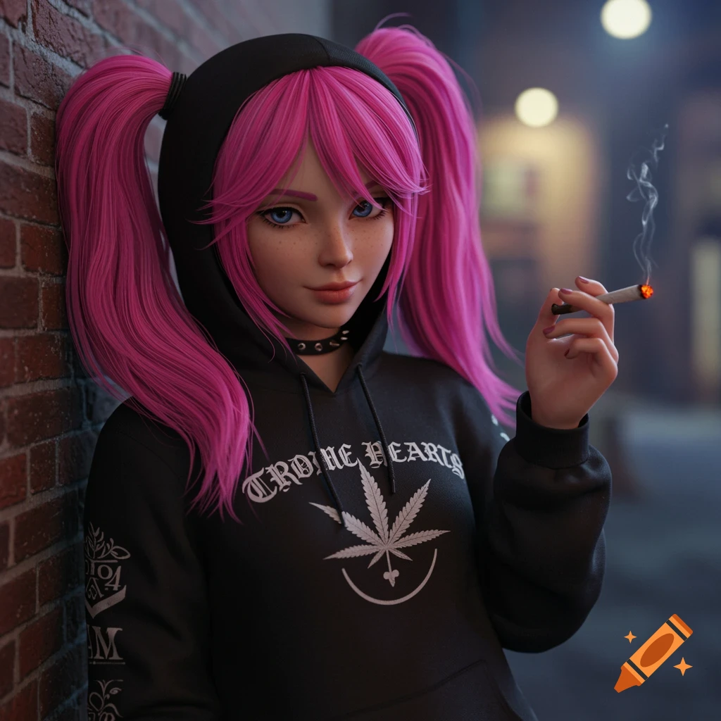 Anime style young woman with pink pigtails in black hoodie leans on brick wall, smoking in urban alley.
