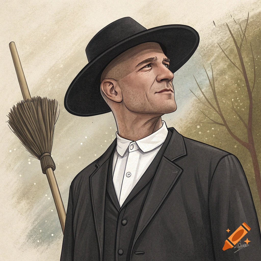 Stylized illustration of a man in Amish clothing standing next to a broom.